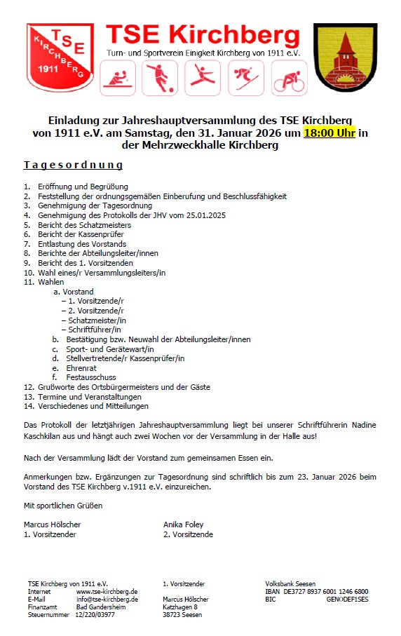 TSE Jahreshauptversammlung am 31.01.2026 mit anschließender Dankeschönveranstaltung