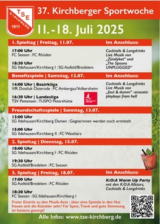 Hier unser Programm der diesjährigen Fußball Sportwoche 2025 - viel Fußball, Livemusik und gute Laune